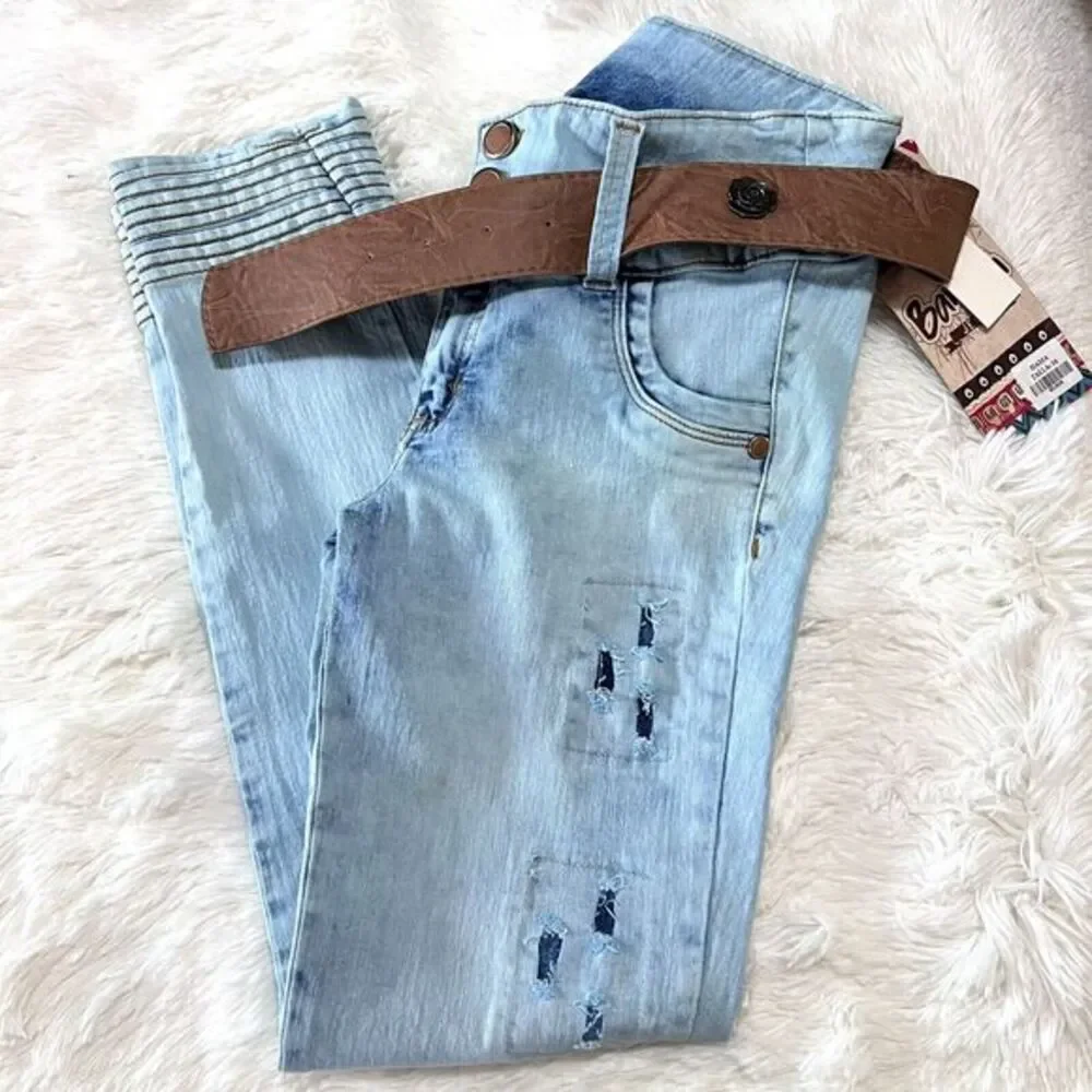 Bambu Women's Jeans‎ Stretch Skinny Destroyed Denim with Belt - 9 US 14 Colombia